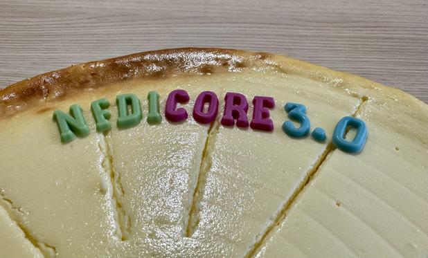 A juicy cheescake with a colourful lettering that says: NFDIcore 3.0