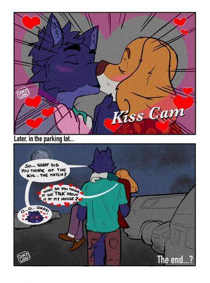 It is a comic book.
In the cartoon above Belfort and Lupin are kissing, they appear on the KissCam in the middle of a semi-transparent pink heart frame.
In the cartoon below, Lupin is carrying Belfort in his arms in a parking lot. 
Lupin says to Belfort “SO.... WHAT DID YOU THINK OF THE KISS... THE MATCH?”
Belfort replies “WHAT DO YOU THINK IF WE ‘TALK’ ABOUT IT AT MY MOUSE?”
Lupin blushes.