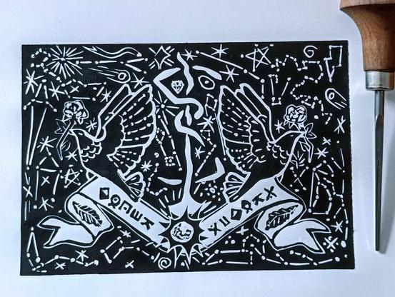A linocut - black doves with white roses holding a ribbon with runes arranged in "carpe noctem" - around them various constellations referring to the lyrics of Sleep Token songs