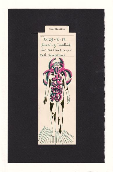 the figure on the manila bookmark has bright pink and teal-edged abstract siwlrs and angles filling their abdomen, and rising up into their face. Behind them, in the same pink with teal perspective edging is a biohazard symbol, arranged so the top circle is like a halo to the figure, and the two lower circles are like wings. Their body also has dark dark yellow (so dark it's almost black) angled shapes around the body in different areas, especially joints. These ground and contrast the vibrant biohazard within and without the figure.