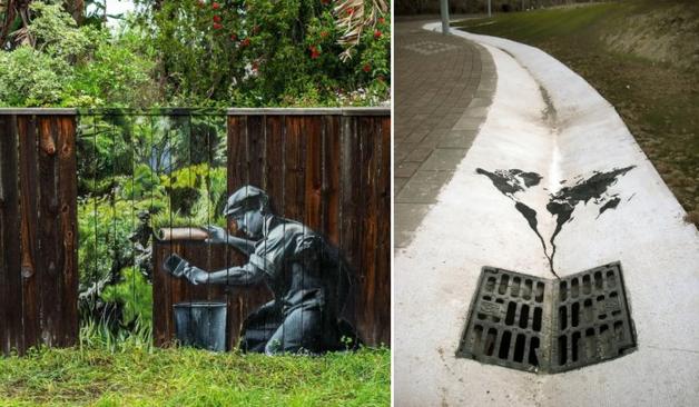 A side-by-side collage featuring two environmentally-themed street art pieces. On the left, HIJACK's mural "Make Earth Green Again" shows a man kneeling and painting vibrant green foliage onto a wooden fence, blending the natural environment into the artwork. On the right, Pejac's "The World Going Down the Drain" in Santander, Spain, depicts a black silhouette of the world map flowing into a storm drain painted on a white concrete surface, symbolizing environmental degradation. Both pieces highlight humanity's impact on nature and the urgent need for ecological action.