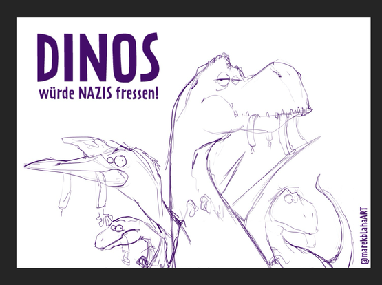 Skizzierte cartoon dinos. Raptoren flugsaurier und t-rex mitihrer beute im maul/schnabel.mit dem test dinos würden nazis fressen.