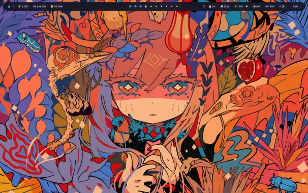 Lo mismo pero sin aplicaciones tengo un fondo de pantalla en el que predominan colores naranjas y tiene un estilo algo anime
