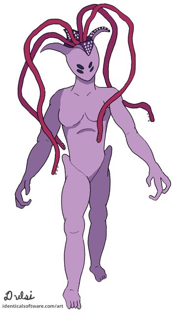 Humanoid with four eyes. Mouth is on the top of the head with four tentacles coming out.