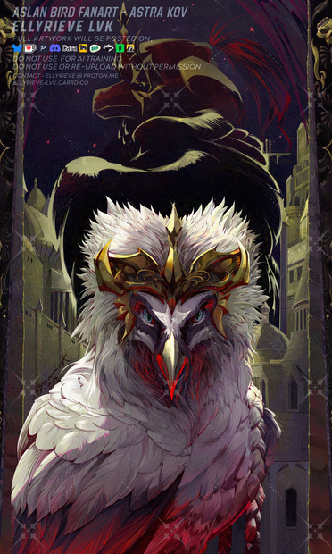 Digital artwork featuring an imposing  vulture looking directly at the viewer.Fanart of Aslan Liongray and Boden Caryen from Astra Knights of Veda (by Hybe and Flint)
