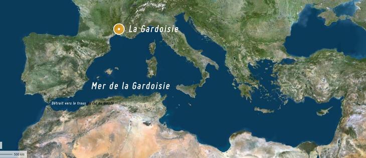 capture d'écran de géo portail qui vient de valider le nouveau nom de la mer #Méditerranée en " Mer de #LaGardoisie " 

Au passage nous pouvons noter que le détroit de Gibraltar vient d'être renomé "Détroit vers le trous du cul du monde"