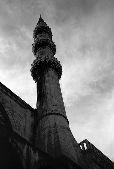 One of six minarets of The Blue Mosque (Sultanahmet Camii) in Istanbul, Turkey