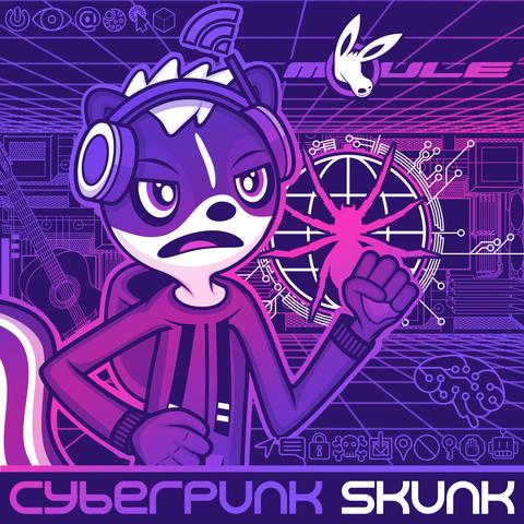 The cover art of Cyberpunk Skunk, showing Melody, an anthropomorphic cartoon skunk wearing magenta headphones and hoodie, angry and posing in a combative stance in a cyberpunk world made up of circuitry and grids with symbols of technology above and below her. Melody's guitar is behind her, and to her left is the symbol of the Bugs: rogue malware agents from the dark web, symbolised by a spider on a grid globe.