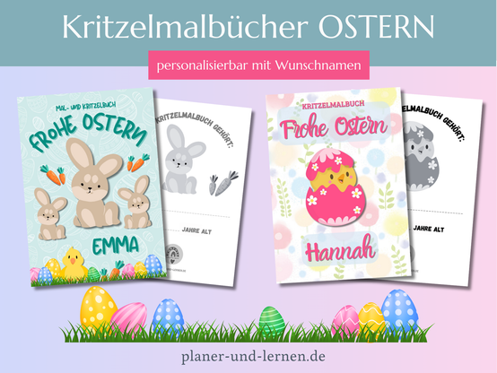 Kritzelmalbücher OSTERN personalisierter mit Wunschnamen planer-und-lernen.de 
Zwei meiner Kritzelmalbücher mit Ostermotiv auf Cover und Exlibris. Einmal Osterhasen mit Möhren und Ostereiern und das andere Motiv ist ein Osterküken, das aus einer Eierschale mit Blumenmotiv schaut.
Unter https://amzn.to/4b8a979 findet ihr alle meine Kritzelmalbuchmotive sowie alle bisher erschienenen Namen. Dort steht auch, wie ihr Wunschnamen bestellen könnt.