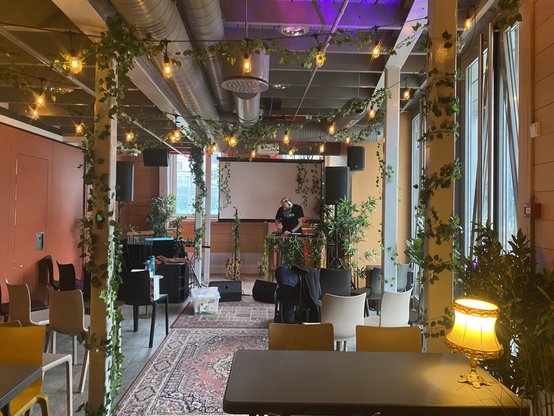 A room with cozy lamps. Fake ivy decor and light in the ceiling. A guy with a  table in the end of the room.