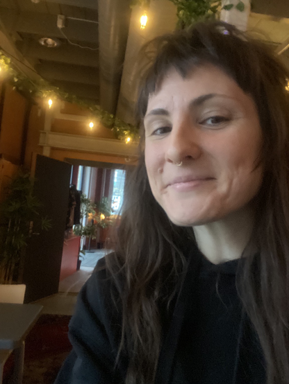 Pale Face of a woman with Brown hair. Decorative Lights inThe background.