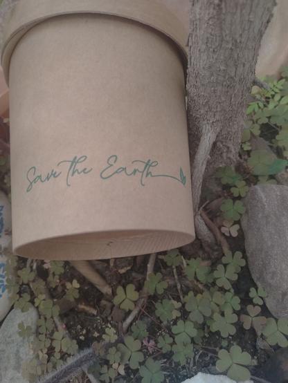 Vaso de cartón tirado, pero que dice "Save the Earth" (salva la Tierra).