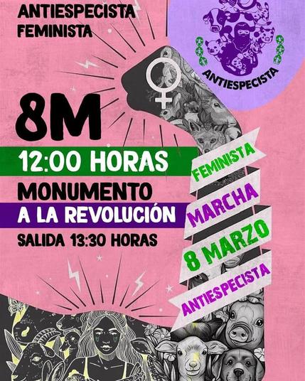 Afiche con el fondo color rosa.

En la parte superior derecha una ilustración de una compa encapuchada sostiene en sus brazos a otro animal, detrás de ella están unos cerdos, una vaca y al parecer una oveja. Dos cadenas color verdes a su lado y en su parte inferior la palabra ANTIESPECISTA.

En la parte superior izquierda en letras color negro 
ANTIESPECISTA
FEMINISTA.

Desde la parte inferior del afiche hasta la parte media está dibujado un brazo en pose de poder, dentro del brazo hay ilustraciones de una mujer y de diferentes animales dibujados en blanco y negro. En el puño el símbolo feminista seguido de las palabras FEMINISTA en color verde y subrayado en blanco, MARCHA letras en color morado subrayado en blanco, 8 MARZO letras en color verde subrayadas en blanco y al final ANITESPECISTA letras en color morado y sobresaltado en blanco.

En la parte media con letra mayúsculas se encuentra el texto 
8M (en color negro)
12:00 HORAS (en color blanco subrayado en color verde)
MONUMENTO (letras en color negro)
A LA REVOLUCIÓN (letras blancas subrayadas en color morado)
SALIDA 13:30 HORAS (letras en color negro)