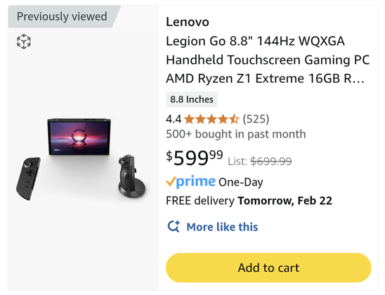 Image advertising the Lenovo Legion Go, a handheld gaming PC with an 8.8-inch screen. The device is black with detachable controllers. The screen displays colorful graphics. Text indicates a sale price of $599.99, reduced from $699.99, with Prime one-day delivery available.