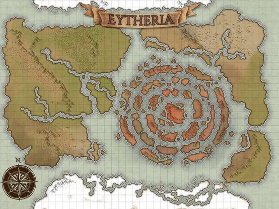 A world map of Eytheria showing just the main biomes and landmasses but not detailed with regards to human scale towns and cities and/or rivers.