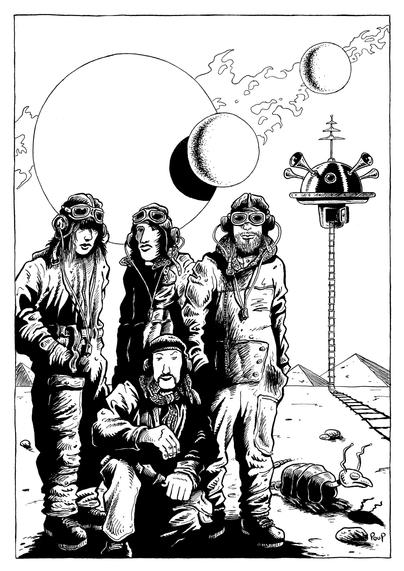 Quatre personnages, vêtus de combinaisons d'aviateurs à l'ancienne, se tiennent dans un paysage désertique et, semble-t-il extraterrestre, un soleil immense et deux lunes se partageant le ciel.  Au loin on aperçoit des pyramides au-dessus desquelles flottent l'engin spatial qui a amené le curieux équipage. Dessin faisant référence au groupe Pink Floyd et à son univers teinté de science-fiction.