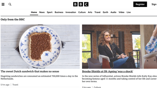 screenshot website BBC bordje boterham hagelslag + item  Brooke Shields