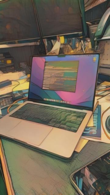 The image shows a laptop on a cluttered desk. The screen displays some code or programming interface. The background has multiple monitors and various items scattered around, suggesting a workspace environment. The image appears to be stylized with a filter or artistic effect.