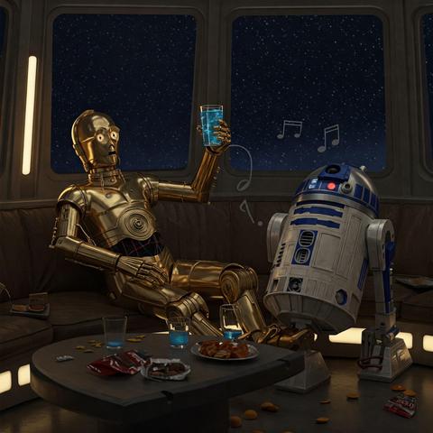 R2-D2 und C-3PO sitzen entspannt im Hauptraum des Millennium Falken. C-3PO lehnt sich auf der gebogenen Sitzbank zurück, ein Glas mit einer bläulichen Flüssigkeit in seiner metallenen Hand. R2-D2 steht daneben, eine kleine Antenne ausgefahren, aus der sanfte Musik ertönt. Im Hintergrund sieht man durch ein Fenster die vorbeiziehenden Sterne. Die Beleuchtung ist gedämpft, was eine gemütliche Atmosphäre schafft. Auf dem Dejarik-Tisch vor ihnen stehen ein paar halb leere Gläser und Snacks verstreut.