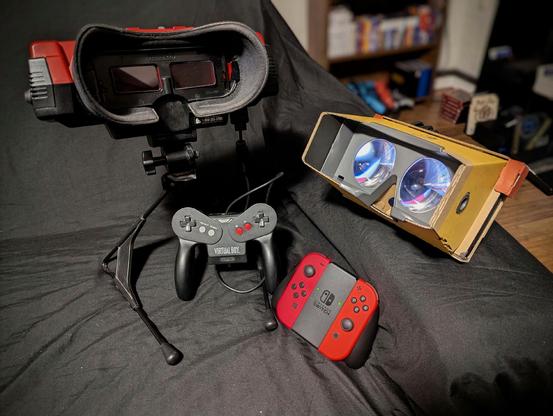 The Virtual Boy (left) and the Switch Labo VR goggles Toy-Con (right)