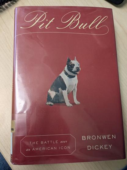 Red book cover with a white and brown pitbull on it. Cover for book 'Pit Bull' by Bronwen Dicky.