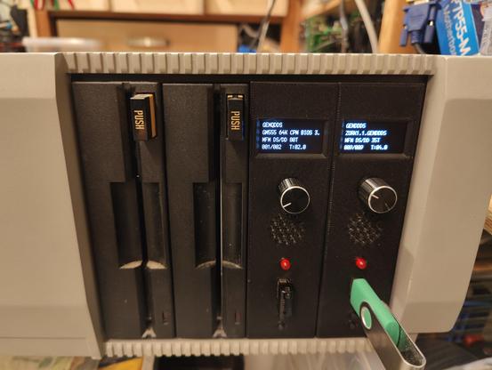 Photo of the Gemini Microcomputers GM905 system retrofitted with dual Gotek drives with OLEDs and rotary encoders.