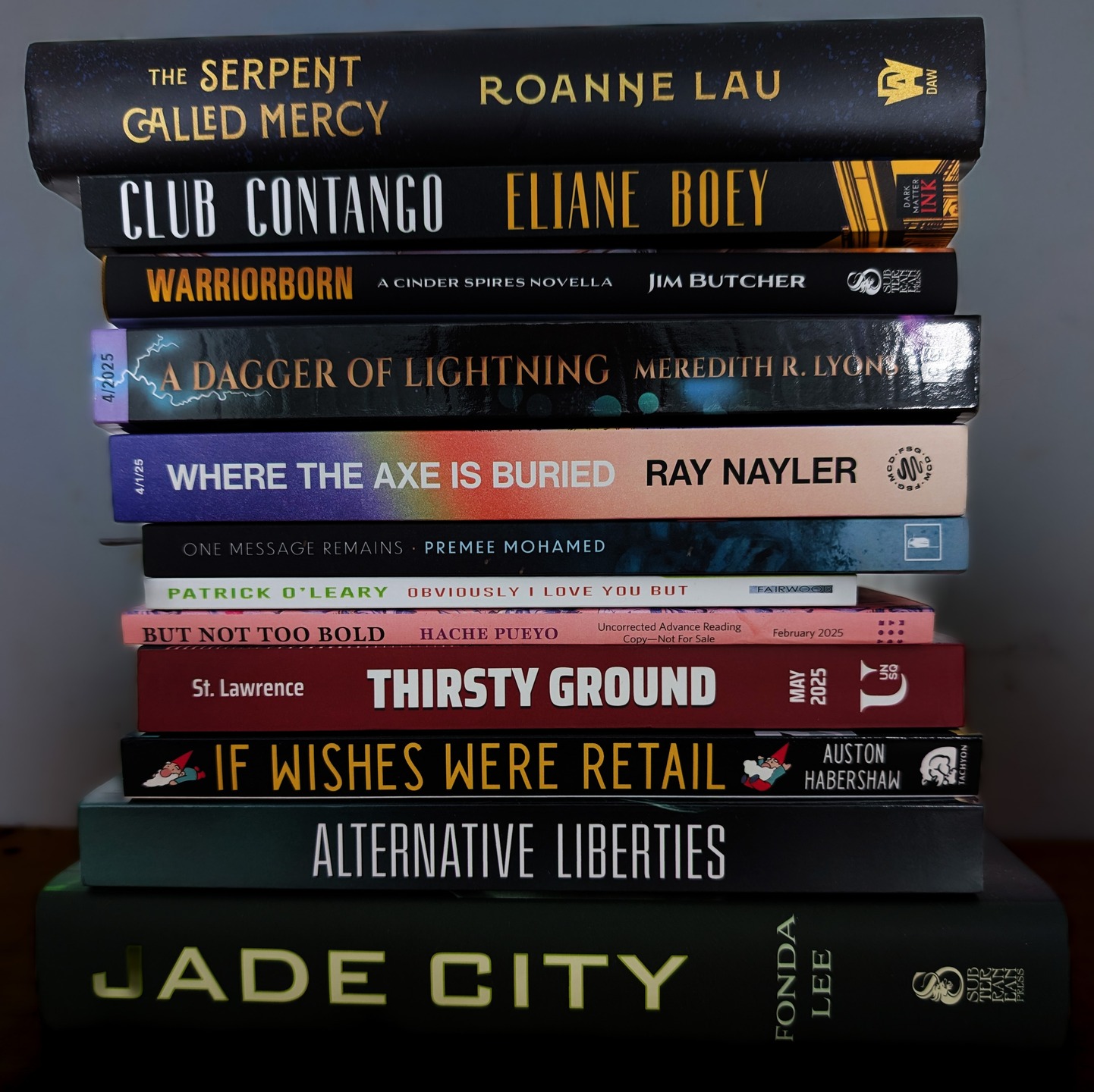 The Serpent Called Mercy, Roanne Lau; Club Contango, Elaine Boey;Warriorborn, Jim Butcher; A Dagger of Lightning, Meredith R. Lyons; Where the Axe is Buried, Ray Nayler; One Message Remains, Premee Mohamed; Obviously I Love You But, Patrick O'Leary; But Not Too Bold, Hache Pueyo; Thirsty Ground, Kimber St. Lawrence; If Wishes Were Retail, Auston Habershaw; Alternative Liberties, Bob Brown, ed.; Jade City, Fonda Lee