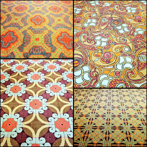 A selection of brightly covered 1970s carpets from a Glasgow Library.