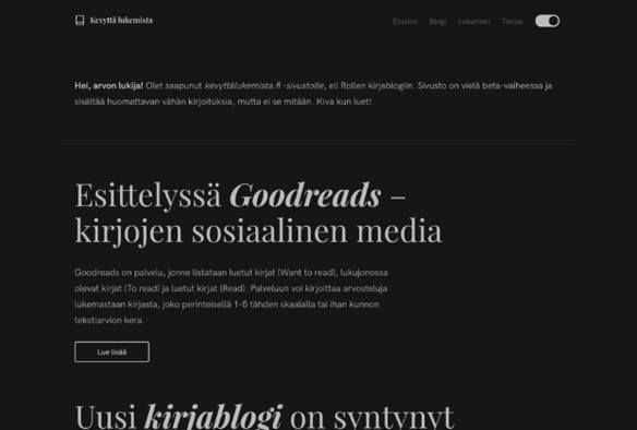 Tumma tila sivustolla kevyttälukemista.fi.