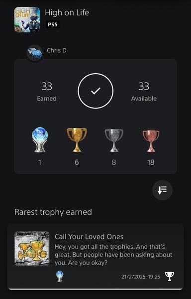 Screenshot of the PS app showing the platinum trophy has been obtained for High on Life
