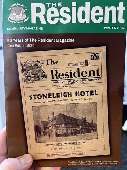 "The Resident" magazine. 
Cover image is a reproduction of the first cover, from 1935. Original cover story is about the opening of the Stoneleigh Hotel - the local pub, which has never been a hotel.