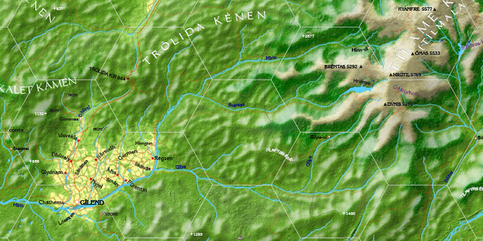 Screenshot of a portion of the AK Shkn-L7 map, showing some settled area at left with many hills and mountains to the right.