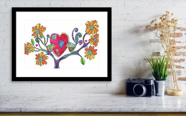 Colorful love birds in a tree with a heart and flowers by artist Sharon Cummings.