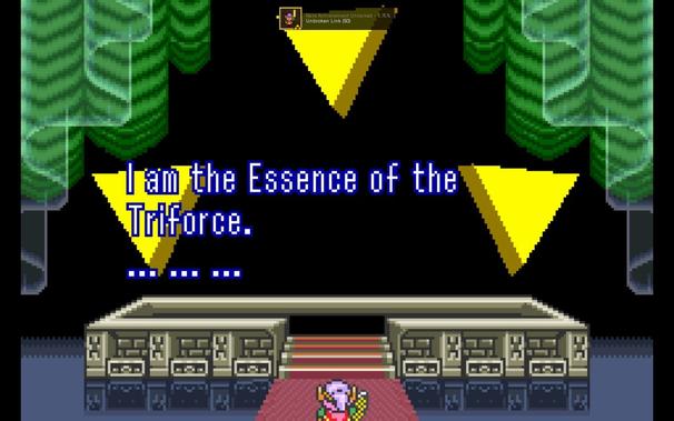 A screenshot from A Link to the Past on GBA, Link is in the room with the Triforce.

At the top of the screen is a small prompt saying that the Unbroken Link achievement has been unlocked.