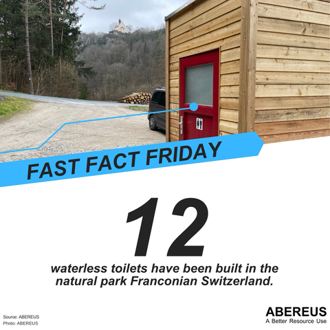 In the upper half of the picture, there is a photo with a landscape in Franconian Switzerland. On the right in the front, there is a wooden toilet house with a red door on a gravel parking lot. In the background, there are trees and a big hill with a chapel on top. Below the photo, there is the text "Fast Fact Friday - 12 waterless toilets have been built in the natural park Franconian Switzerland." as well as the logo of ABEREUS.