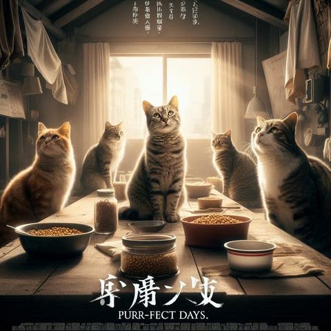 ③«#aiart Generated by BingImageCreator»
(Poster visual for the movie: Purr-FECT DAYS) (Stray cats living perfect days), Stray cats wake up at the same time every day, gathering in the usual spot, searching for food together. (It includes the title text "Purr-FECT DAYS" and the catchphrase "Life is like a cat's tail."), cinematic, photo