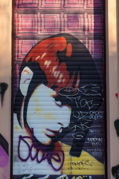 color photography, portrait format. roller shutter with street art in the sunshine.