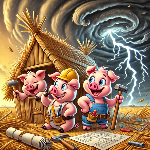 Pigs proudly celebrating their straw triumph while the inevitable storm begins its demolition
