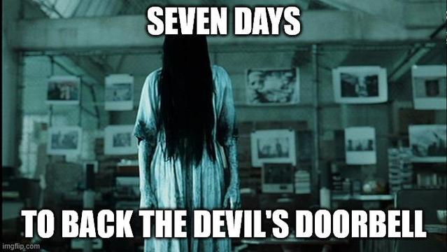 A screen shot from The Ring. A dead girl in a long white dress with long b lack hair covering her face. "Seven Days to Back The Devil's Doorbell."