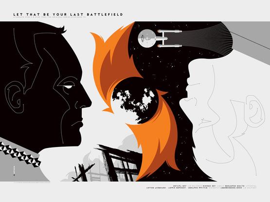 A striking poster of 2 faces facing each other, one upside down. One face is black, and the other is white. Between them is rendering of a planet in black and white, surrounded by orange flames.