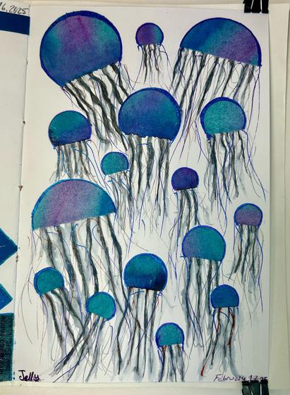 A collage of partial circles punched from paper dyed with purple and a teal blue to make the bodies, bells, of jellyfish. They are all capped with a shiny, purple ink. The tentacles have been hand drawn with gray ink that has a silver shimmer and has been washed with a water brush. There is also copper ink and the purple ink as well in the tentacles.