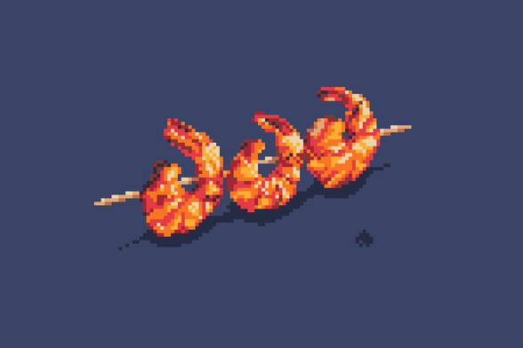 Pixel art depiction of a skewer with three prawns on it - believable even though drawn probably poorly