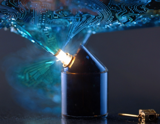 A dark blue cylindrical futuristic technological device that spins flexible, fabric-like circuits from a glowing extruder , set against a dark background with shimmering teal patterns and metallic textures.