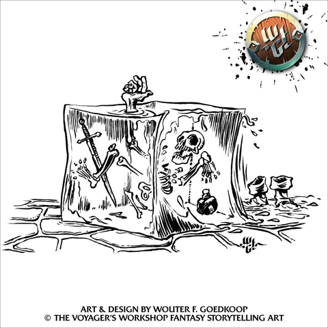 A hand inked drawing of an unfortunate adventurer dissolving inside a gelatinous cube, illustrated in an old school cartoony style.