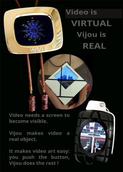 "Première page du flyer avec les Vijou ""Golden TV"" au design d'une télé des années 60, ""De Stijl"" aux formes inspirées par ce mouvement, et Grenade en forme de... Grenade! "