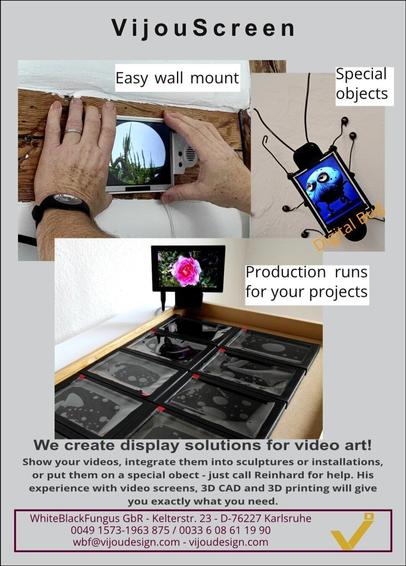 "Deuxième page du flyer montrant comment VijouScreen se monte facilement au mur, comme un cadre; le cafard digital ""Digital Bug"", objet créé avec notre partenaire Sigrid Coggins, et un lot de fabrication de VijouScreen identiques. "
