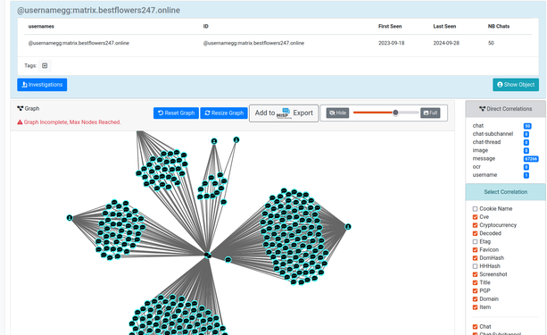 Many interesting correlations with cryptocurrencies, IP addresses, CVE numbers, and chat username relationships (who talks to whom and when).