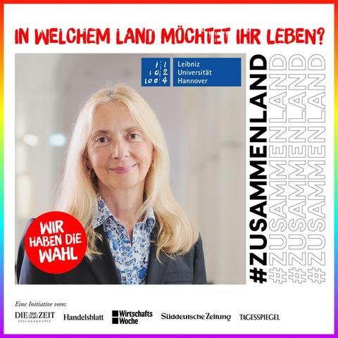 Porträtfoto von Prof. Dr.-Ing. Regina Nogueira, eingebunden in das Kampagnenmotiv der Initiative #Zusammenland: In welchem Land möchtet ihr leben?