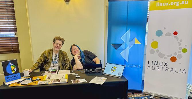 Clinton Roy and Sae Ra Germaine representing Linux Australia at DDDMelbourne