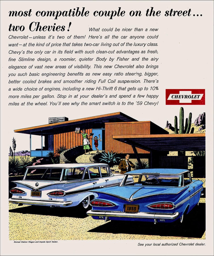 A woman and child waves goodbye to a man as he walks down the ramp of his mid-century home. The home appears to be in a desert environment as there’s a saguaro cactus in the background. There are two 1959 Chevrolet Impala‘s in the driveway. One is the station wagon while the other one is the hard top